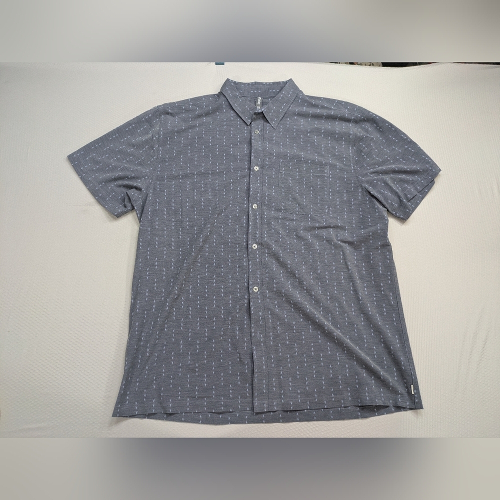 Vuori Short Sleeve Button-Down Shirt in Heather Blue with White Dot Print